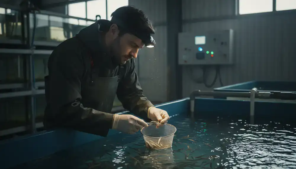 Aquaculture technician carefully inspecting fish fingerlings in a nursery tank