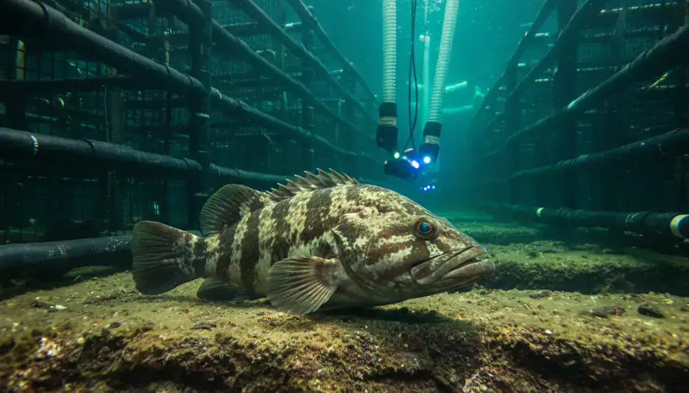 Hybrid Grouper resting near the bottom of an aquaculture habitat
