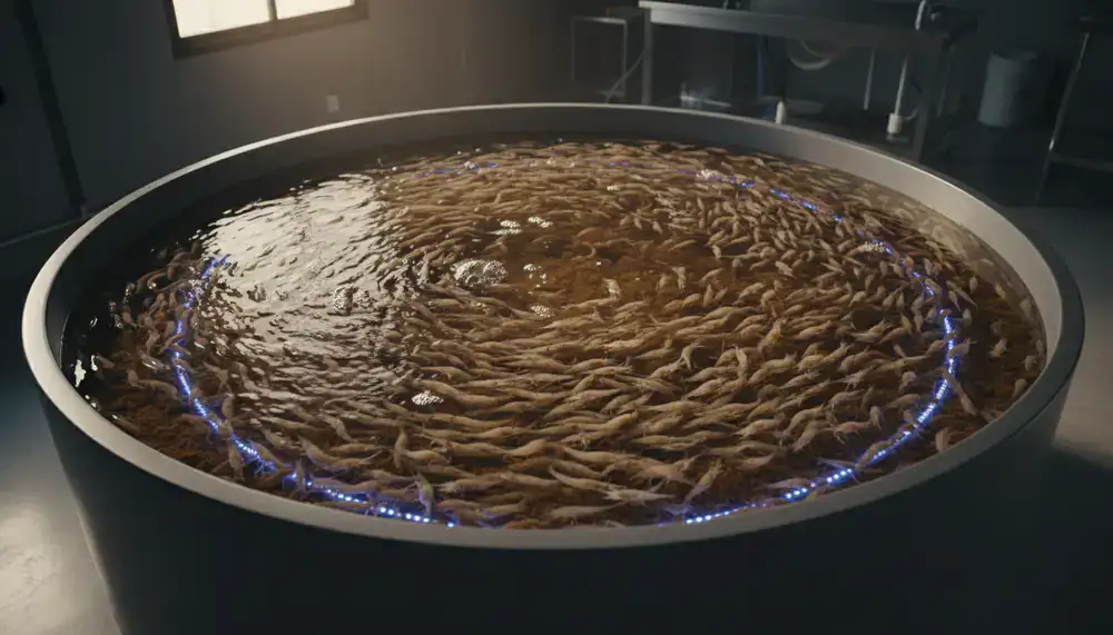 School of Whiteleg Shrimp in a modern circular biofloc tank